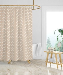Beige Mudcloth Print Shower Curtain, Minimalist Bath Curtain, Modern Bathroom Decor