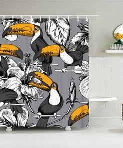 Bird Black And White Shower Curtain, Botanical Toucan Flower Wildlife Forest, Home Bath Decor