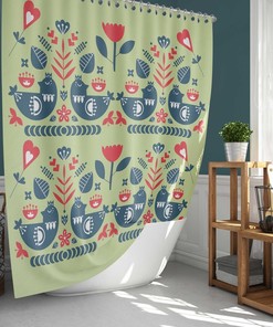 Bird In The Forest Shower Curtain, Scandinavian Danish Nordic Birds Animal Flowers Fabric Bathroom Curtain