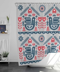 Bird In The Forest Shower Curtain, Scandinavian Danish Nordic Birds Animal Flowers, Linen Bathroom Curtain
