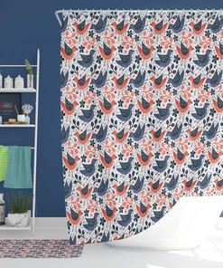 Bird In The Garden Shower Curtain, Blue Orange Birds Pattern Fabric Bathroom Curtain, Home Bathroom Set Decor