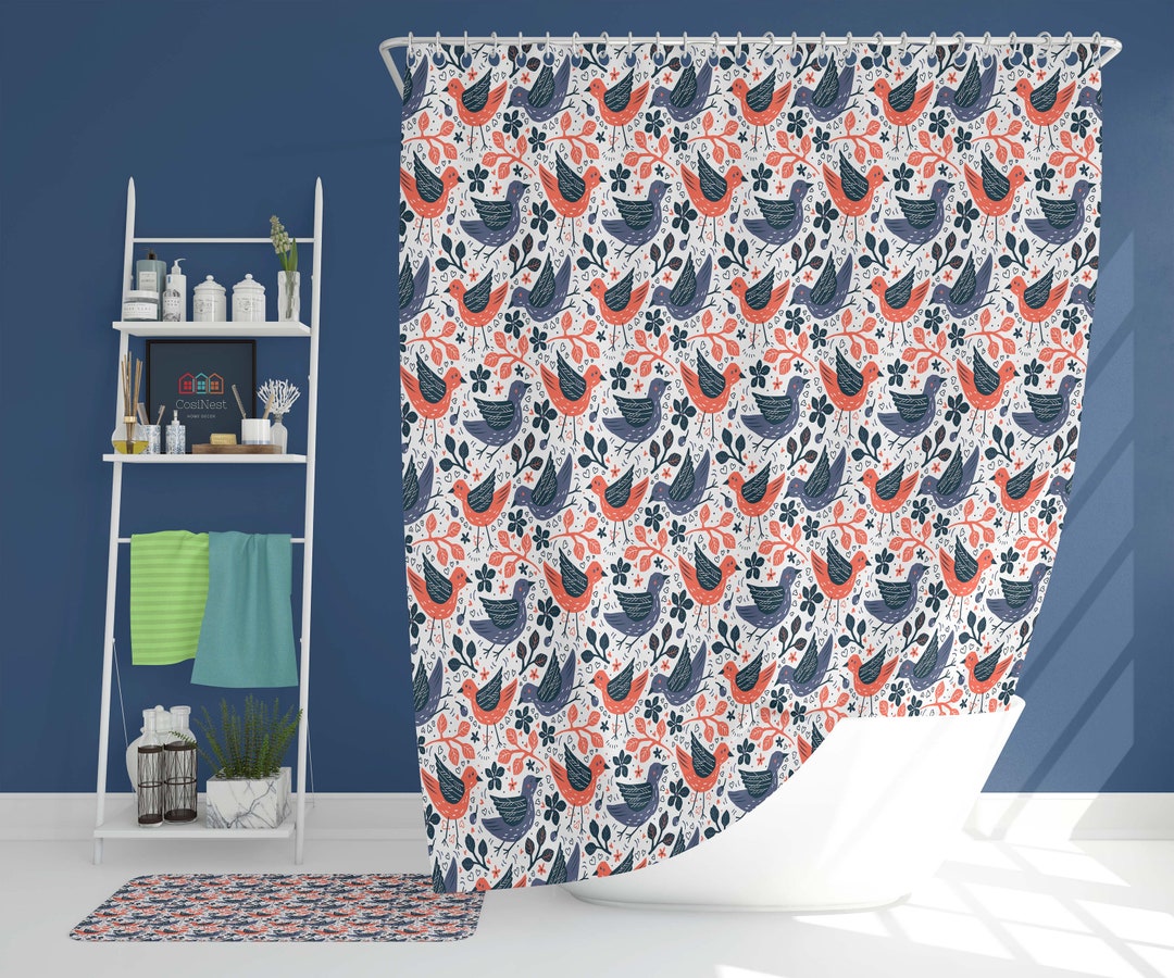 Bird In The Garden Shower Curtain, Blue Orange Birds Pattern Fabric Bathroom Curtain, Home Bathroom Set Decor