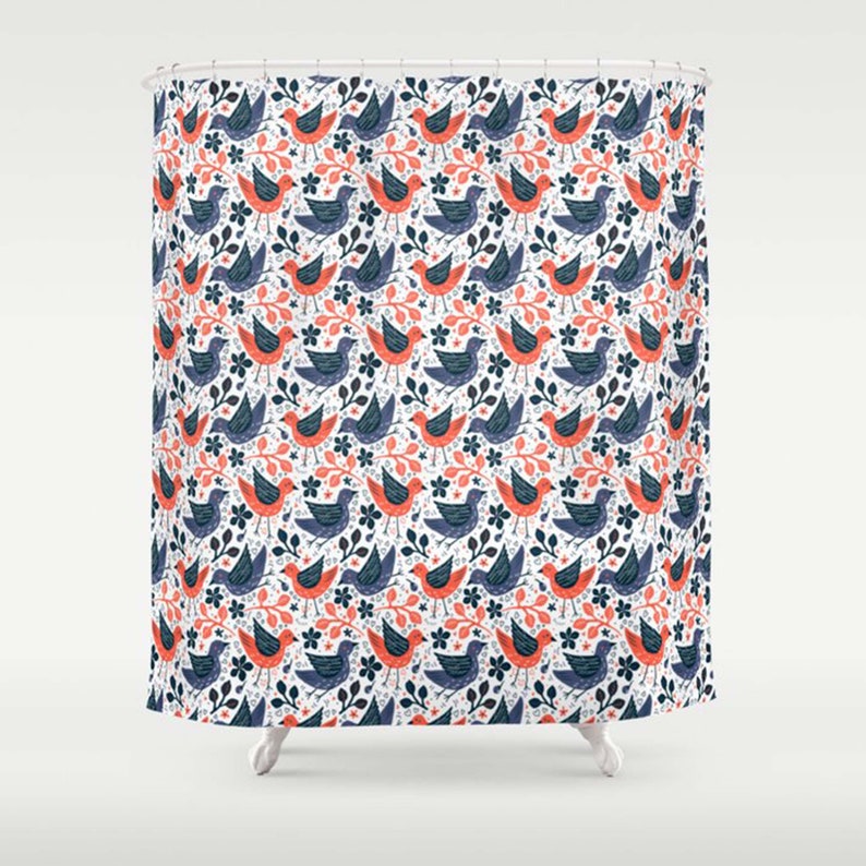 Bird In The Garden Shower Curtain, Blue Orange Birds Pattern Fabric Bathroom Curtain, Home Bathroom Set Decor - Image 2