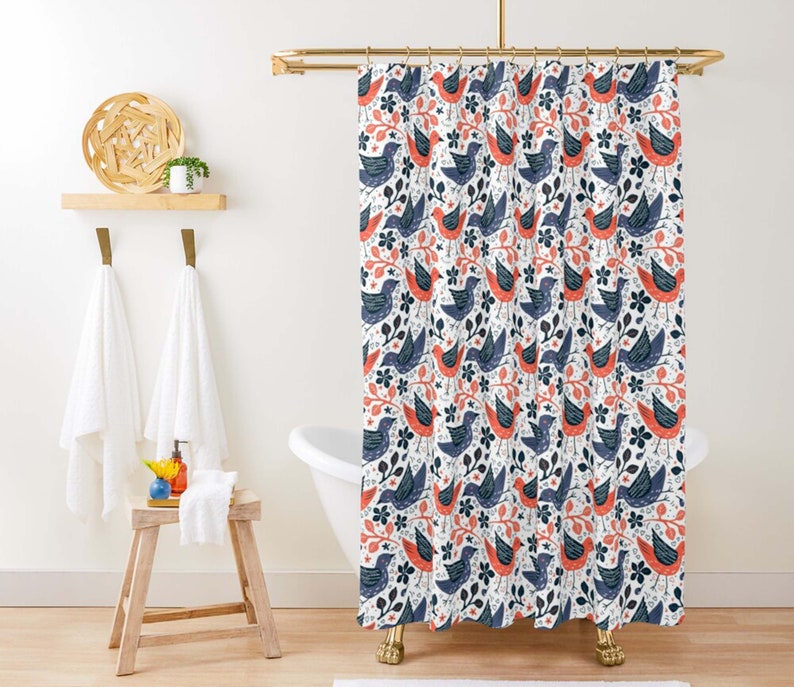 Bird In The Garden Shower Curtain, Blue Orange Birds Pattern Fabric Bathroom Curtain, Home Bathroom Set Decor - Image 3