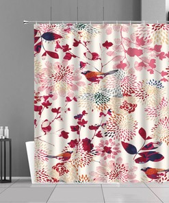 Bird In The Spring Garden Shower Curtain, Red Pink Flowers Cherry Blossom Fabric Bathroom Curtain, Home Bath Decor