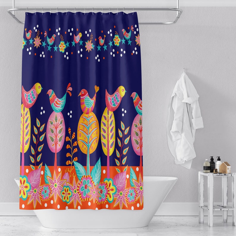 Bird Shower Curtain Colorful Folk Art Bathroom Decor - Image 2