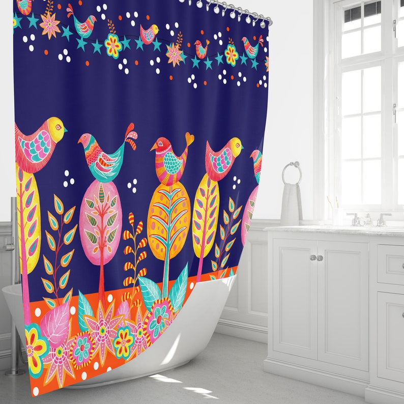 Bird Shower Curtain Colorful Folk Art Bathroom Decor - Image 3