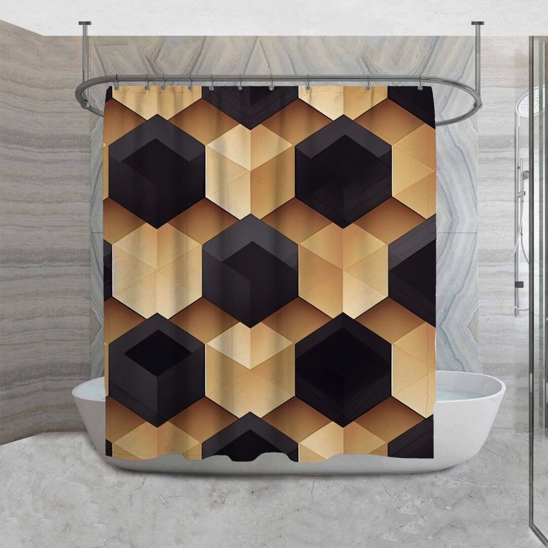 Black And Brown Honeycomb Shower Curtains, Cool Hexagon Pattern Shower Curtain, Geometric Bathroom, Housewarming Gift