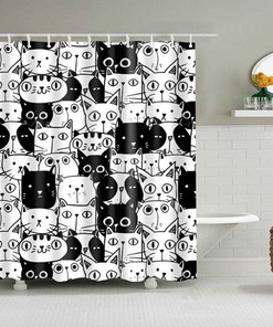 Black And White Cat Curtain, Cute Pet Animal Fabric Bathroom Curtain For Cat Lovers And Cat Mom