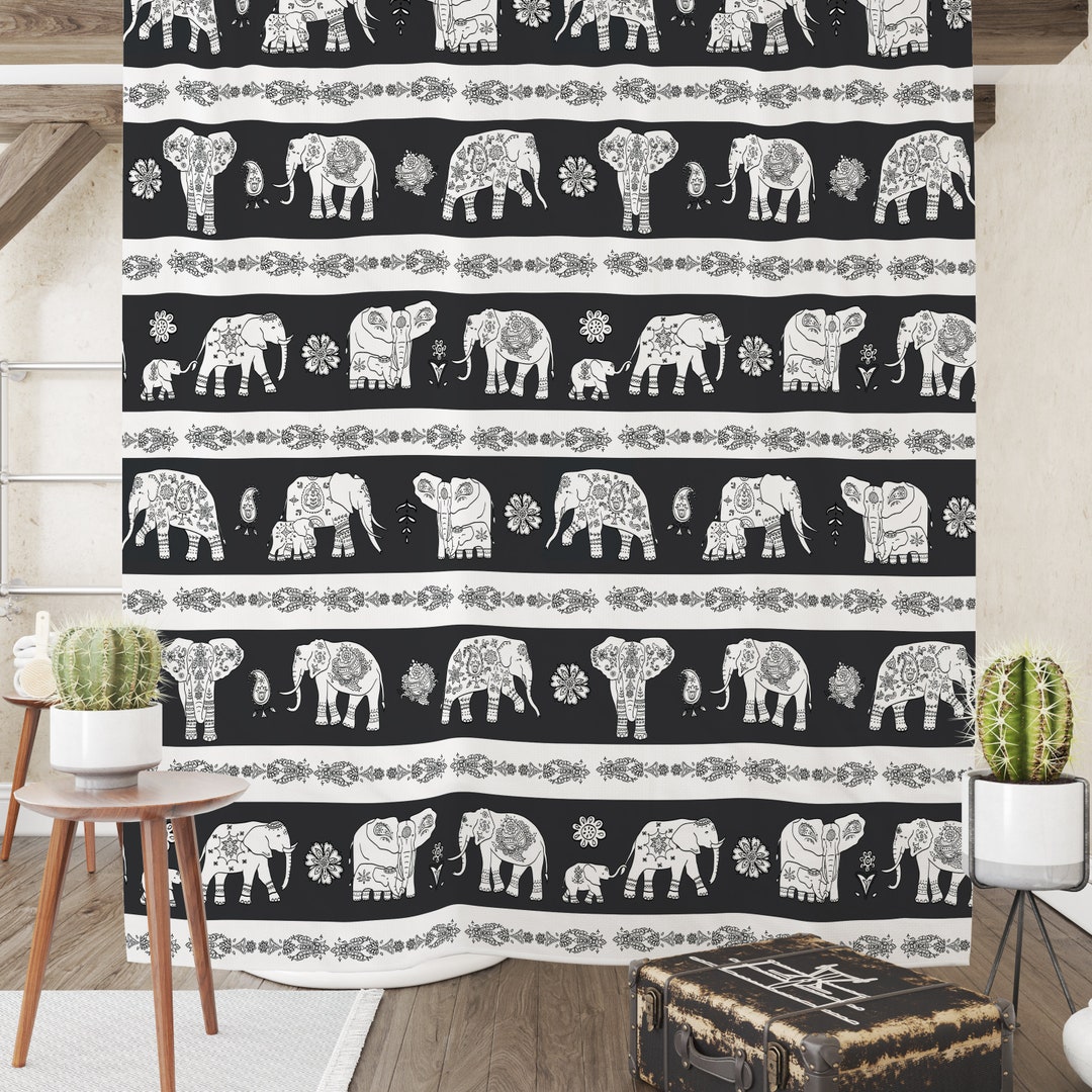 Black And White Elephant Shower Curtain Optional Set