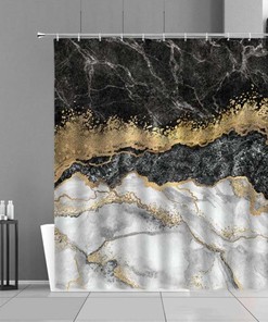 Black And White Gold Marble Shower Curtain, Modern Contemporary Design Bathroom Curtain, Home Bath Decor Accessories