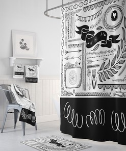 Black And White Shower Curtain, Doodle Pattern Optional Towels And Bath Mat
