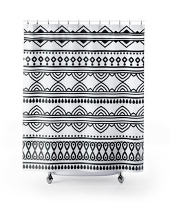Black And White Shower Curtain Line Art Decor, Boho Bathroom Decor, Nordic Style Bath Curtain
