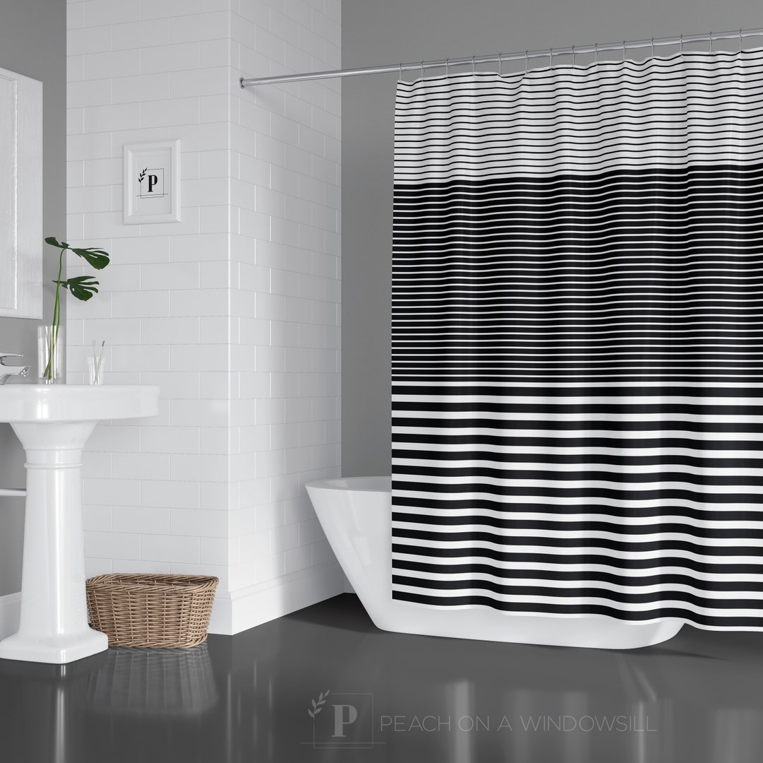Black And White Striped Shower Curtain, Ombre Colorblock Bathtub Curtain