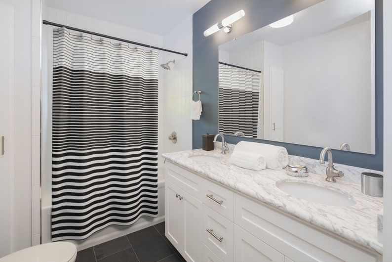 Black And White Striped Shower Curtain, Ombre Colorblock Bathtub Curtain - Image 3