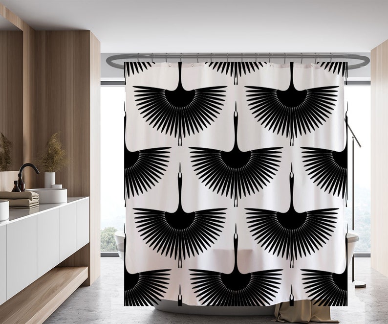Black Crane Shower Curtain, Heavy Duty Polyester Fabric Shower Curtains Bathroom Decor - Image 2