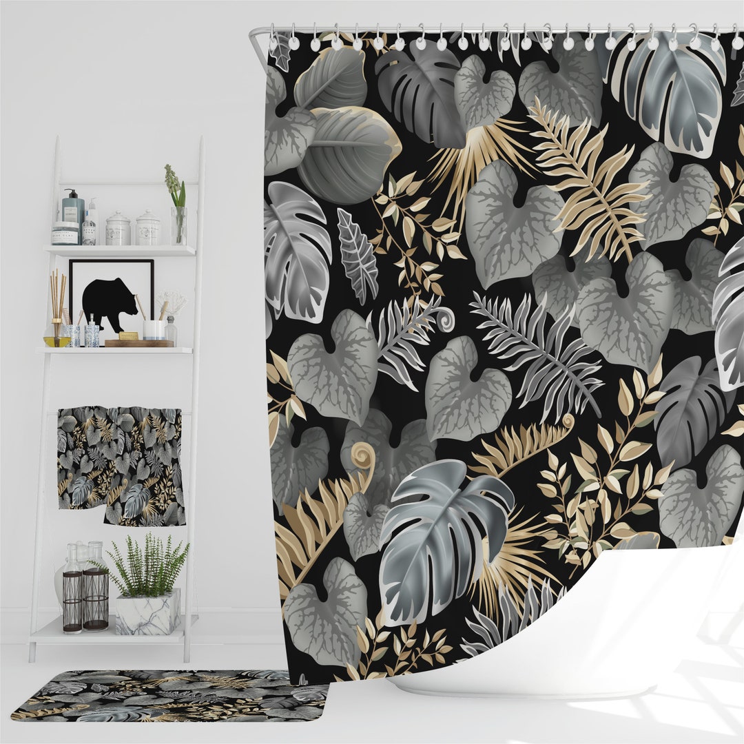 Black Foliage Shower Curtain Bath Towel Options