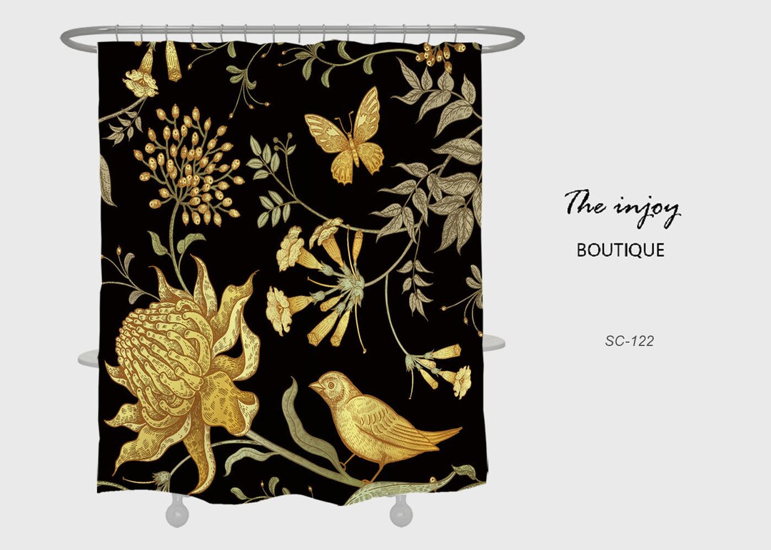 Black Gold Flowers Bird Shower Curtain With Hook, Retro Waterproof And Washable Shower Curtains For Bathroom