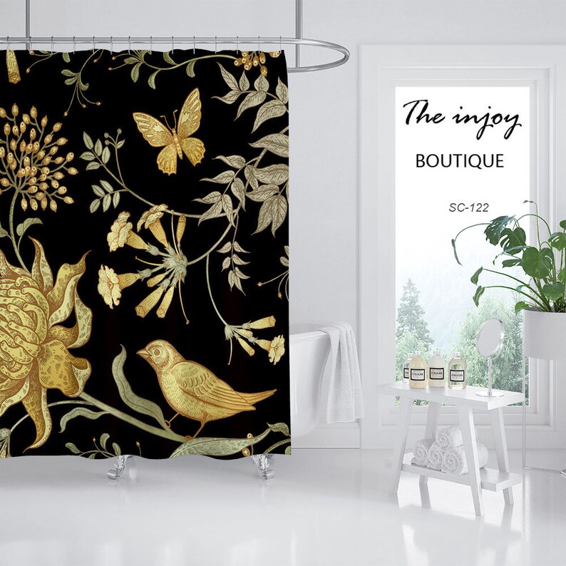 Black Gold Flowers Bird Shower Curtain With Hook, Retro Waterproof And Washable Shower Curtains For Bathroom - Image 2