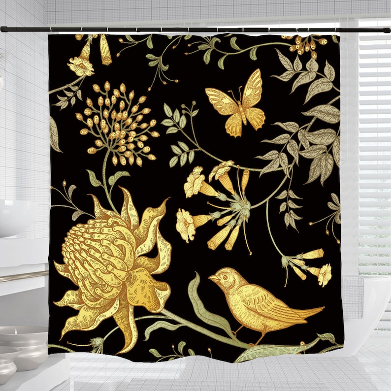 Black Gold Flowers Bird Shower Curtain With Hook, Retro Waterproof And Washable Shower Curtains For Bathroom - Image 3