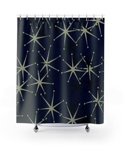 Black Mid Century Modern Starburst Pattern Shower Curtain In Durable Polyester for 5 or 6 Atomic Age Bathroom Decor