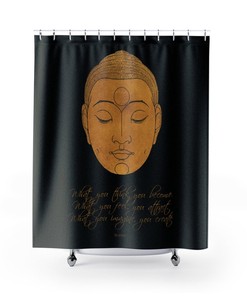 Black Shower Curtain With A Buddha Face And Quote, Inspirational Bath Curtain, Boho Bath Accessories Decor, Zen Bathroom Decor Interior Design