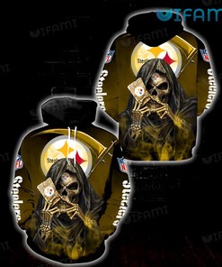 Black Steelers Hoodie 3D Skeleton Holding Card Logo Pittsburgh Steelers Gift