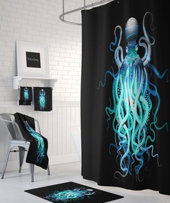 Black and Blue Octopus Shower Curtain for Bathroom Decor, Home Decor