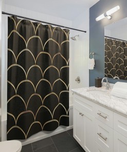 Black and Gold Royal Mermaid Scales Shower Curtain, Ocean Theme Shower Curtain, Modern Coastal Bathroom Shower Curtain