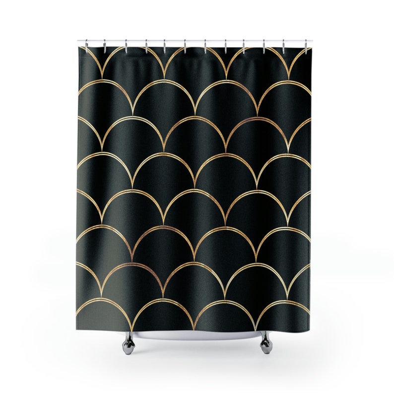 Black and Gold Royal Mermaid Scales Shower Curtain, Ocean Theme Shower
