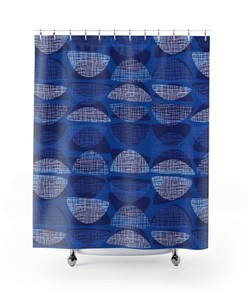 Blue Abstract Wedges and Arcs Mid Century Modern Shower Curtain for 50s or 60s Bathroom Decor