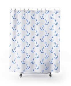 Blue Anchors On White Shower Curtain, Blue And White Bathroom Decor, Nautical Decor, Beach Bath Accessories