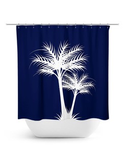 Blue And White Palm Tree Shower Curtain, Tropical Bathroom Decor, Beach House Bath Curtain, Coastal Bathroom