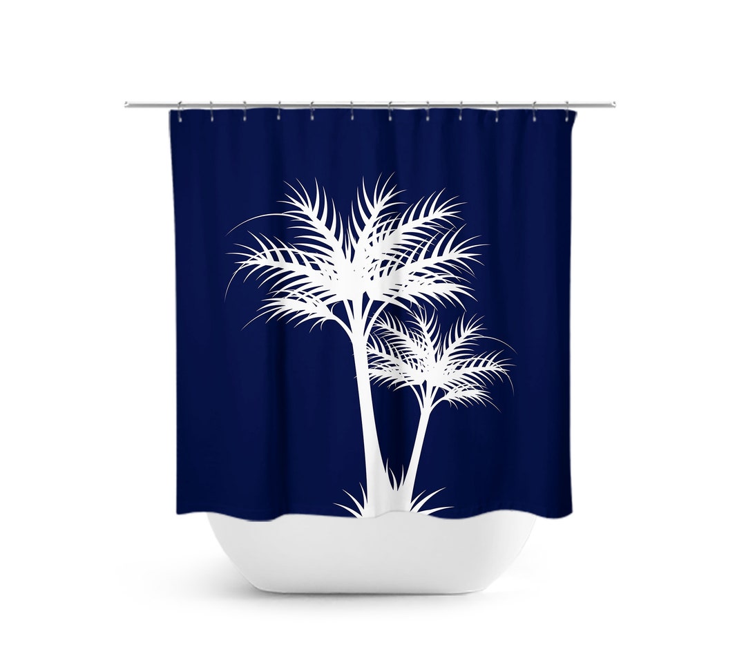 Blue And White Palm Tree Shower Curtain, Tropical Bathroom Decor, Beach House Bath Curtain, Coastal Bathroom