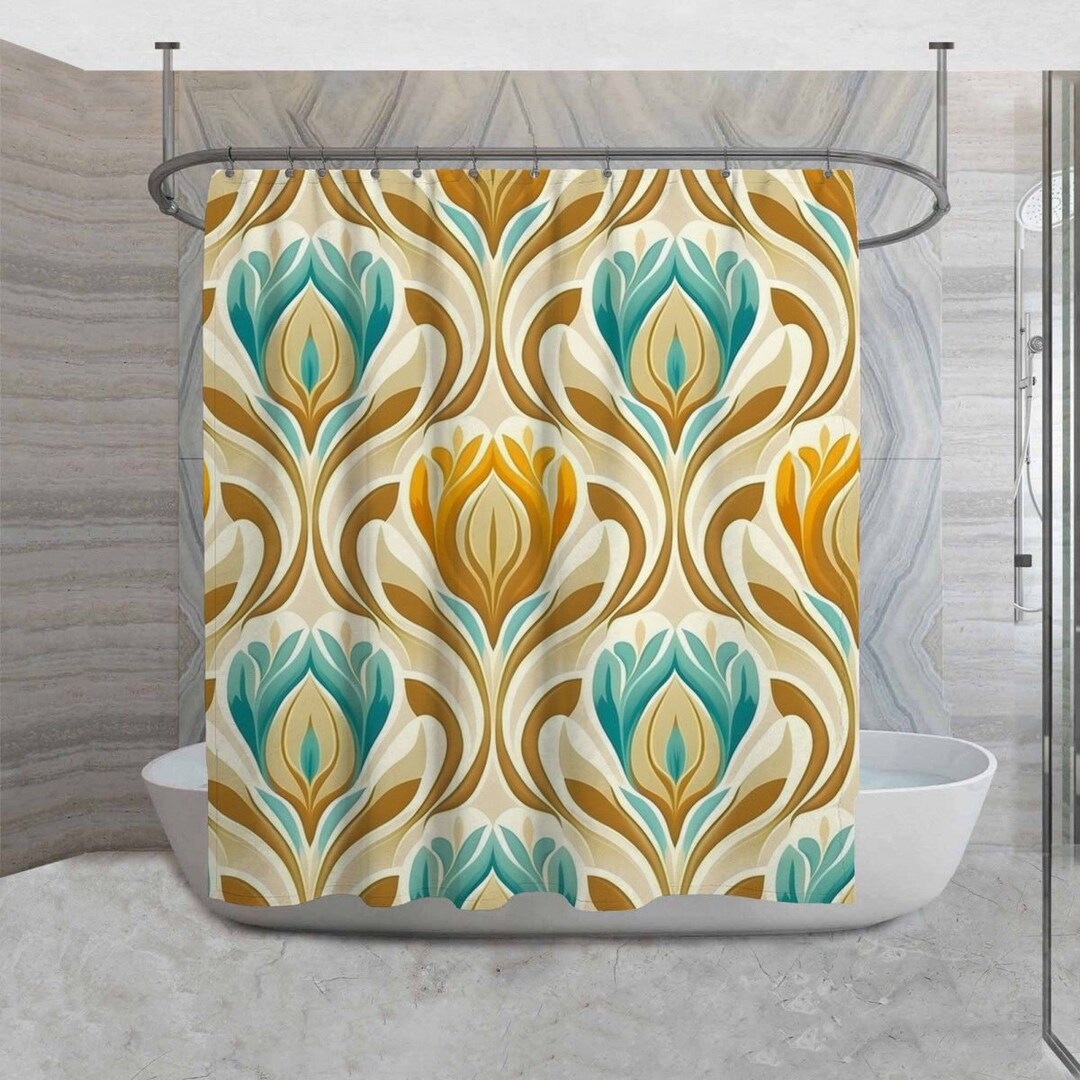 Blue And Yellow Floral Print Shower Curtains, Abstract Tulip Flowers Shower Curtain, 70s Inspired Decor, Retro Bathroom, Vintage Lover Bath