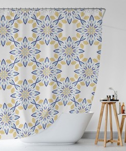 Blue And Yellow Shower Curtain, Mandala Pattern Shower Decor, Zen Buddhism Spiritual Home Gift