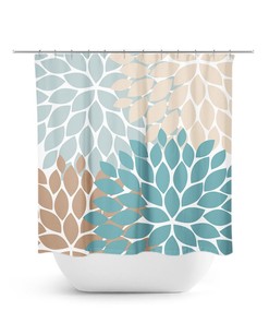 Blue Beige Shower Curtain, Floral Bath Curtain, Brown Bathroom, Fabric Shower Curtain, Girls Bathroom Decor, Teal Bathroom