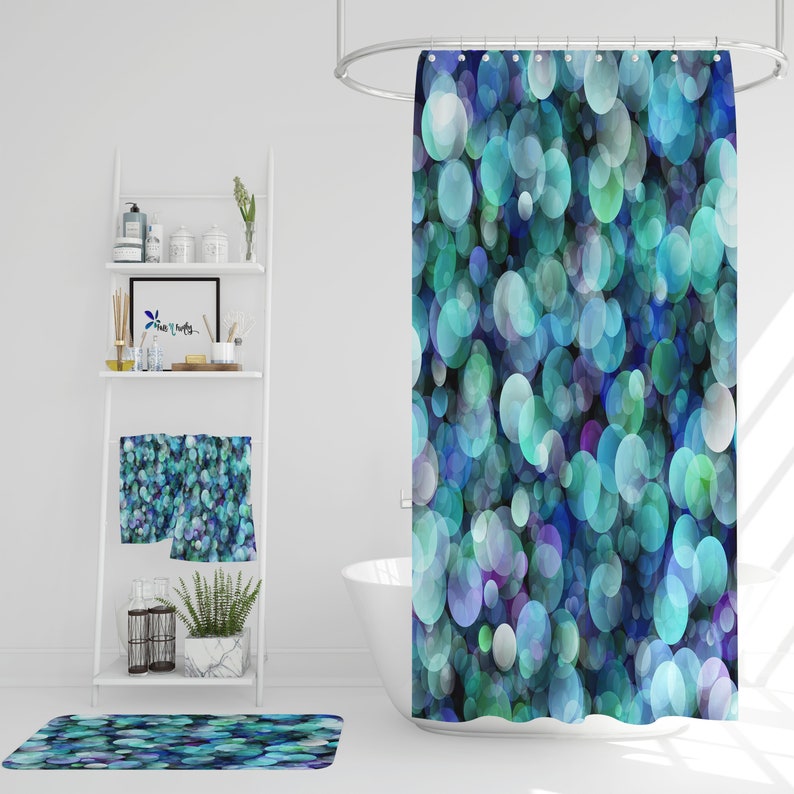 Blue Brokeh Shower Curtain Optional Bath Mat and Towels - Image 2