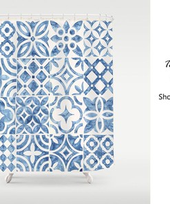 Blue Ceramic Tile Pattern Print Shower Curtain, Waterproof Extra Heavy Quality Curtains, Bathroom Decor Home Decor