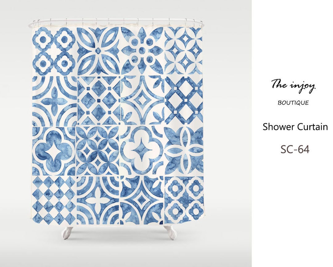 Blue Ceramic Tile Pattern Print Shower Curtain, Waterproof Extra Heavy Quality Curtains, Bathroom Decor Home Decor
