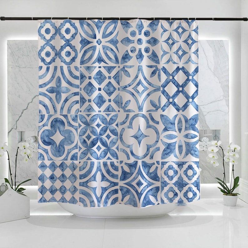 Blue Ceramic Tile Pattern Print Shower Curtain, Waterproof Extra Heavy Quality Curtains, Bathroom Decor Home Decor - Image 2