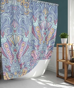 Blue Fish In Ocean Shower Curtain, Sea Animals Beach Seashells Fabric Bathroom Curtain, Home Bathroom Set Decor Accessories