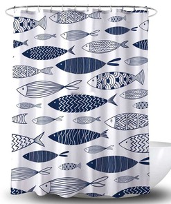 Blue Fish Nordic Shower Curtain, Underwater World Ocean Sea Fishes Scandinavian Danish Design, Bathroom Curtain, Home Bath Set Decor