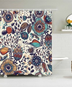 Blue Floral Boho Shower Curtain, Bohemian Chic Wild Flower Nordic Design, Home Bath Decor