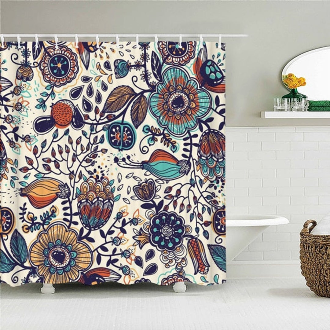 Blue Floral Boho Shower Curtain, Bohemian Chic Wild Flower Nordic Design, Home Bath Decor