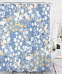Blue Floral Flowers Shower Curtain, Botanical Tropical Garden Summer Autumn, Fabric Bath Curtain