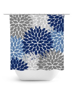 Blue Floral Shower Curtain, Blue And Gray Bath Curtain, Blue Bathroom, Girl Bathroom Decor