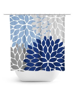 Blue Floral Shower Curtain, Blue And Gray Bath Curtain, Blue Bathroom, Girl Bathroom Decor, Fabric Shower Curtain