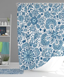 Blue Floral Vintage Shower Curtain, Bohemian Boho Retro Flowers Fabric Bathroom Curtain, Home Bathroom Set Decor