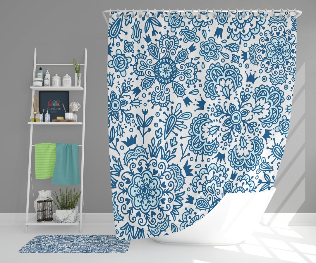 Blue Floral Vintage Shower Curtain, Bohemian Boho Retro Flowers Fabric Bathroom Curtain, Home Bathroom Set Decor